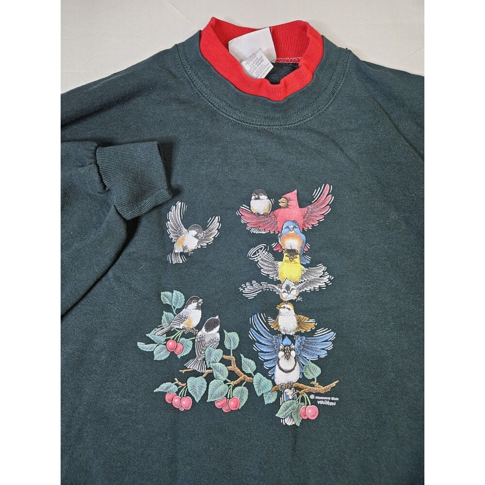 Morning Sun Sweatshirt Women's Size XL Green Birds Grandma Vingtage 80s